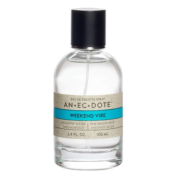 Anecdote Fragrances Weekend Vibe Eau De Toilette Spray 3.4oz by Anecdote features a clear glass bottle with a black cap and turquoise stripe, offering a Citrus-Woody scent ideal for relaxed days.
